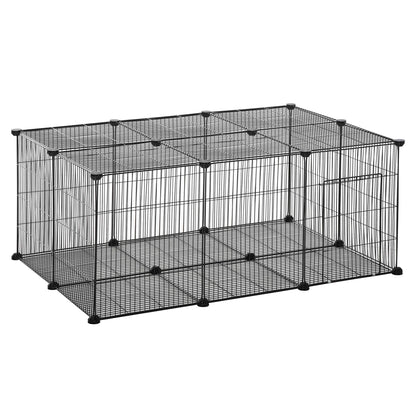 Pet Playpen DIY Cage for Small Animals with 22 Mesh Panels and Door Rabbits Guinea Pig 105x70x45 cm Black