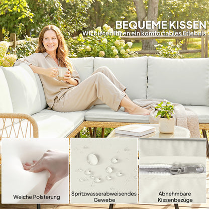 4-Piece PE Rattan Outdoor Lounge Set with Corner Sofa, Two Two-Seaters & Glass Coffee Table, Removable Cushion Covers, Seats up to 5, Cream White