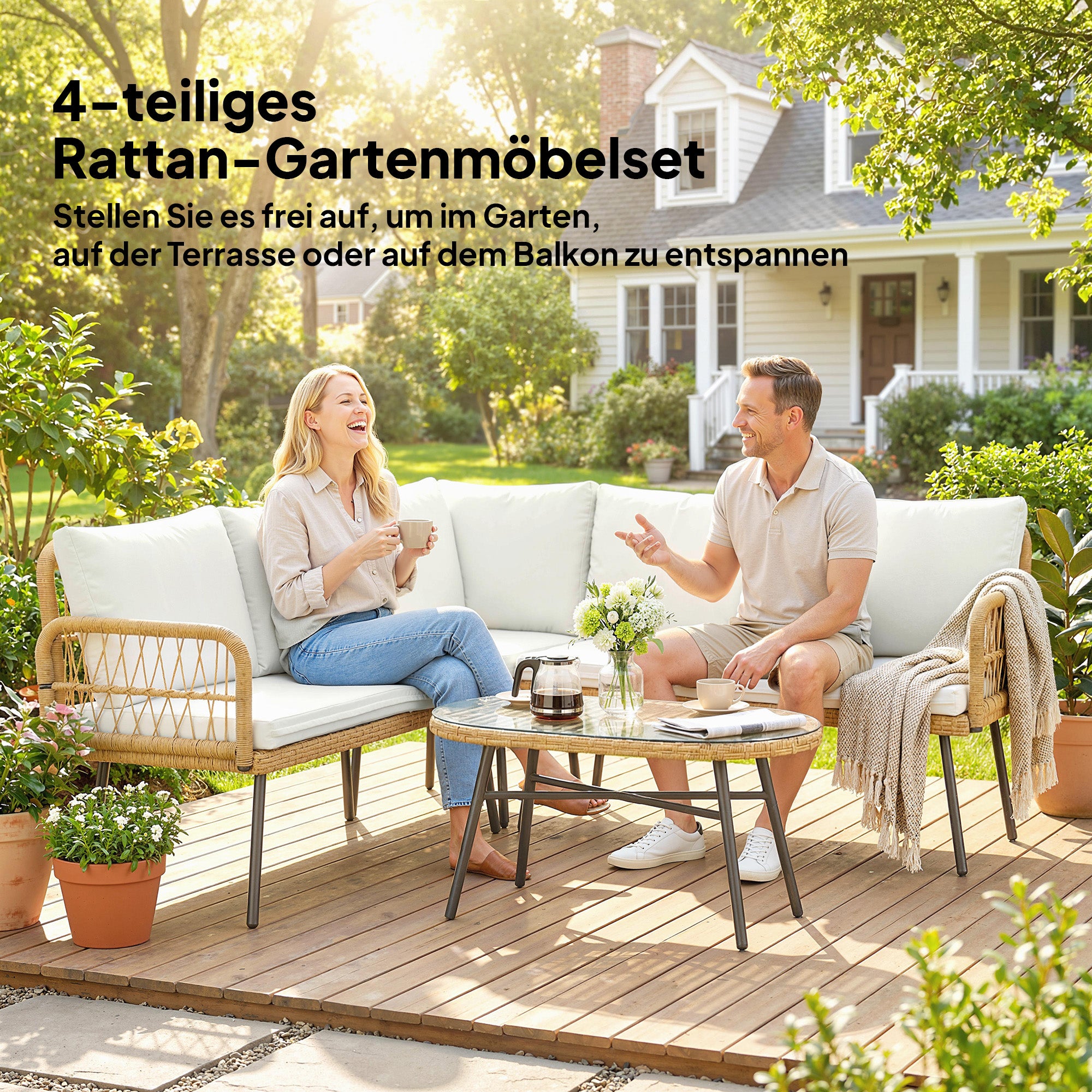 4-Piece PE Rattan Outdoor Lounge Set with Corner Sofa, Two Two-Seaters & Glass Coffee Table, Removable Cushion Covers, Seats up to 5, Cream White