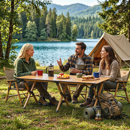 Camping Table 46.1 x 23.6 in – Aluminum Folding Table with Roll-Up Wood-Effect Top, Carry Bag, Waterproof, Lightweight, 66 lb Capacity – Oak