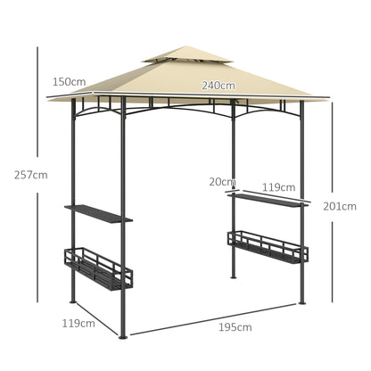 Grill Gazebo 240 x 150 x 257 cm Waterproof Flame Retardant Garden Pavilion with Double Roof, Side Shelves, Garden Canopy with UV Protection, BBQ Pavilion Made of Steel, Grill Tent for Party BBQ, Beige