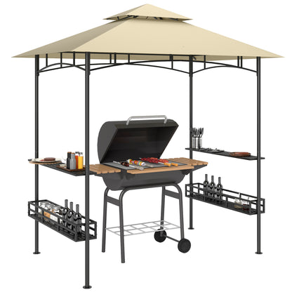 Grill Gazebo 240 x 150 x 257 cm Waterproof Flame Retardant Garden Pavilion with Double Roof, Side Shelves, Garden Canopy with UV Protection, BBQ Pavilion Made of Steel, Grill Tent for Party BBQ, Beige