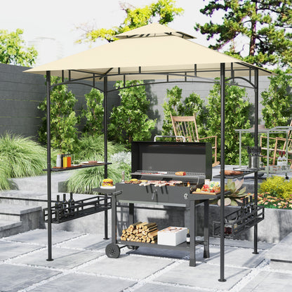 Grill Gazebo 240 x 150 x 257 cm Waterproof Flame Retardant Garden Pavilion with Double Roof, Side Shelves, Garden Canopy with UV Protection, BBQ Pavilion Made of Steel, Grill Tent for Party BBQ, Beige