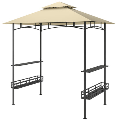 Grill Gazebo 240 x 150 x 257 cm Waterproof Flame Retardant Garden Pavilion with Double Roof, Side Shelves, Garden Canopy with UV Protection, BBQ Pavilion Made of Steel, Grill Tent for Party BBQ, Beige