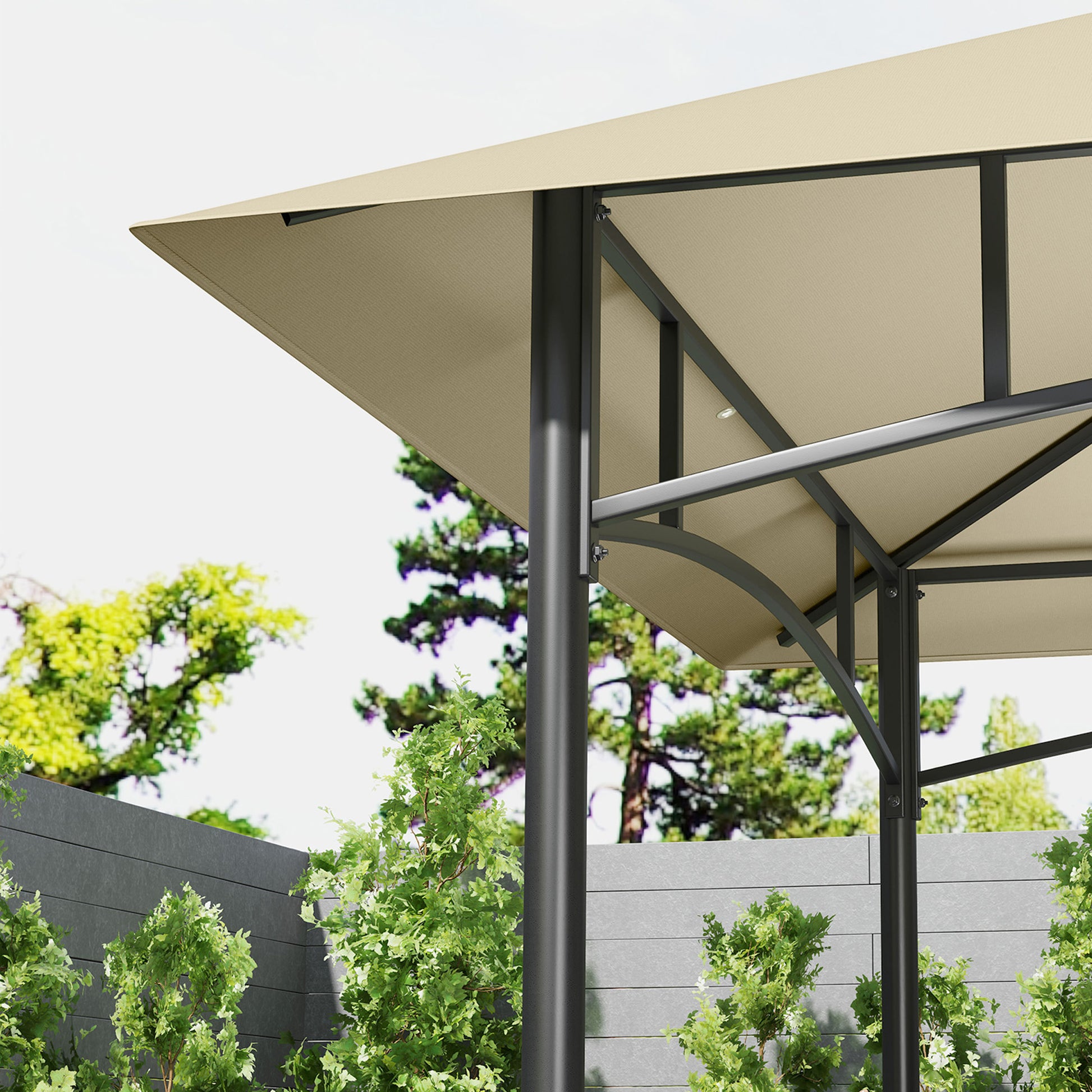 Grill Gazebo 240 x 150 x 257 cm Waterproof Flame Retardant Garden Pavilion with Double Roof, Side Shelves, Garden Canopy with UV Protection, BBQ Pavilion Made of Steel, Grill Tent for Party BBQ, Beige