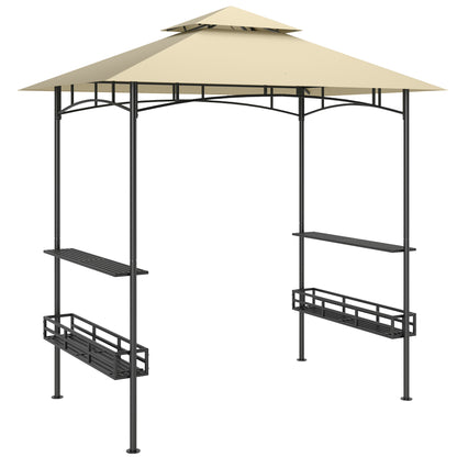 Grill Gazebo 240 x 150 x 257 cm Waterproof Flame Retardant Garden Pavilion with Double Roof, Side Shelves, Garden Canopy with UV Protection, BBQ Pavilion Made of Steel, Grill Tent for Party BBQ, Beige