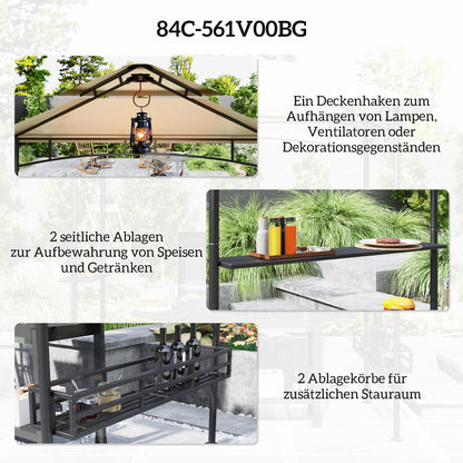 Grill Gazebo 240 x 150 x 257 cm Waterproof Flame Retardant Garden Pavilion with Double Roof, Side Shelves, Garden Canopy with UV Protection, BBQ Pavilion Made of Steel, Grill Tent for Party BBQ, Beige