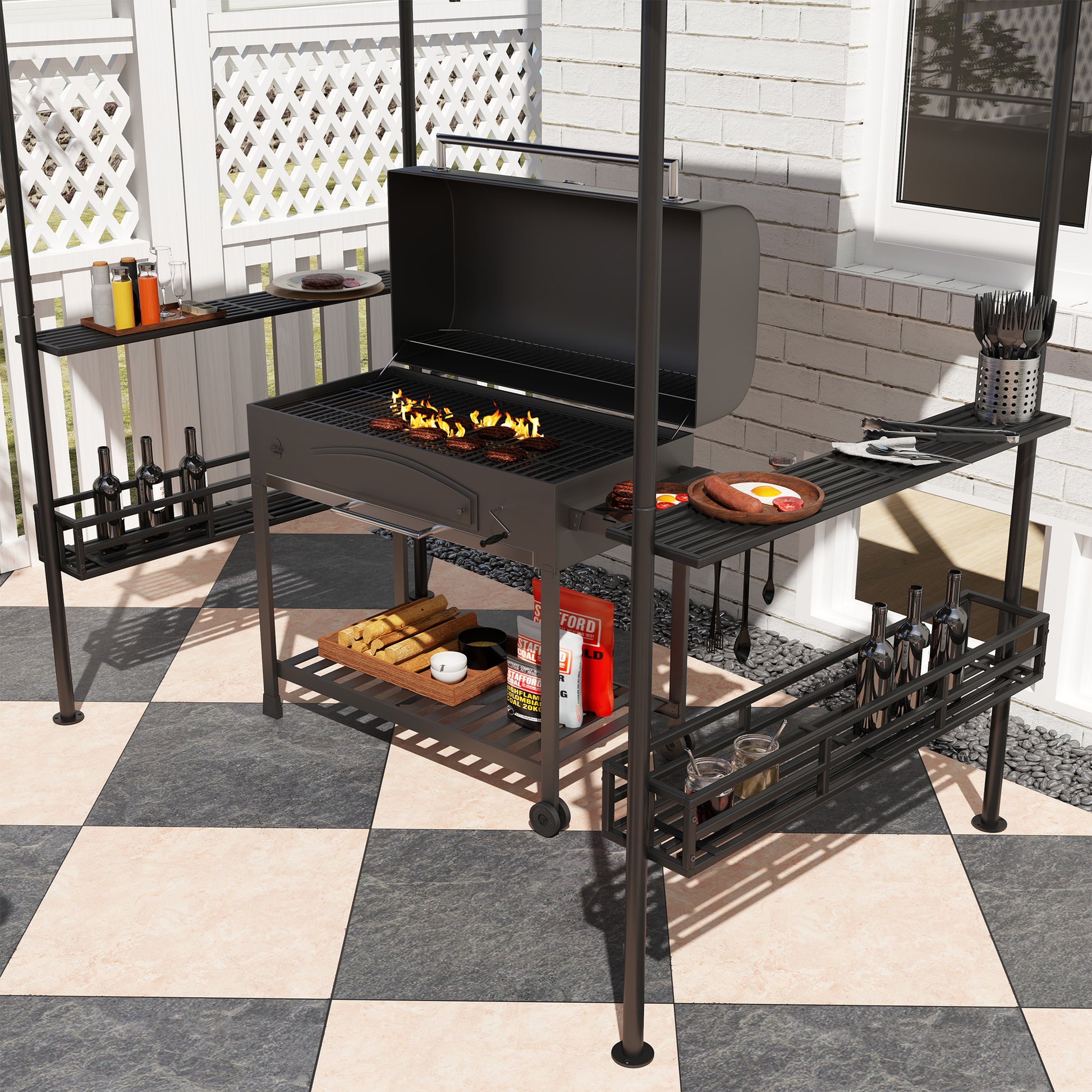 Grill Gazebo 240 x 150 x 257 cm Waterproof Flame Retardant Garden Pavilion with Double Roof, Side Shelves, Garden Canopy with UV Protection, BBQ Pavilion Made of Steel, Grill Tent for Party BBQ, Beige