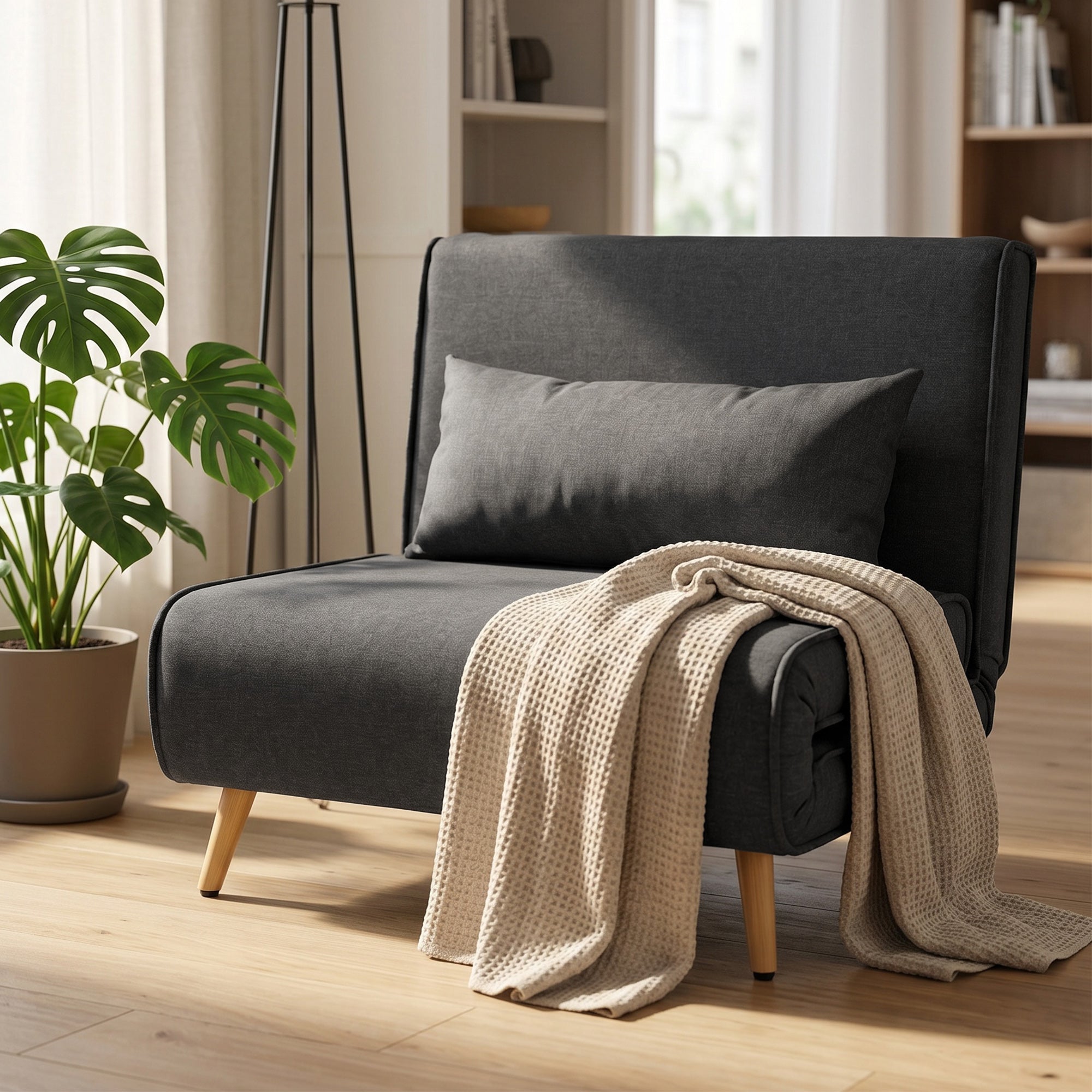 3-in-1 Sleeper Chair with Fold-Out Bed, Converts to 190 x 63 cm Single Bed, Adjustable Recline, Metal Legs, Lumbar Pillow, Linen-Look Grey