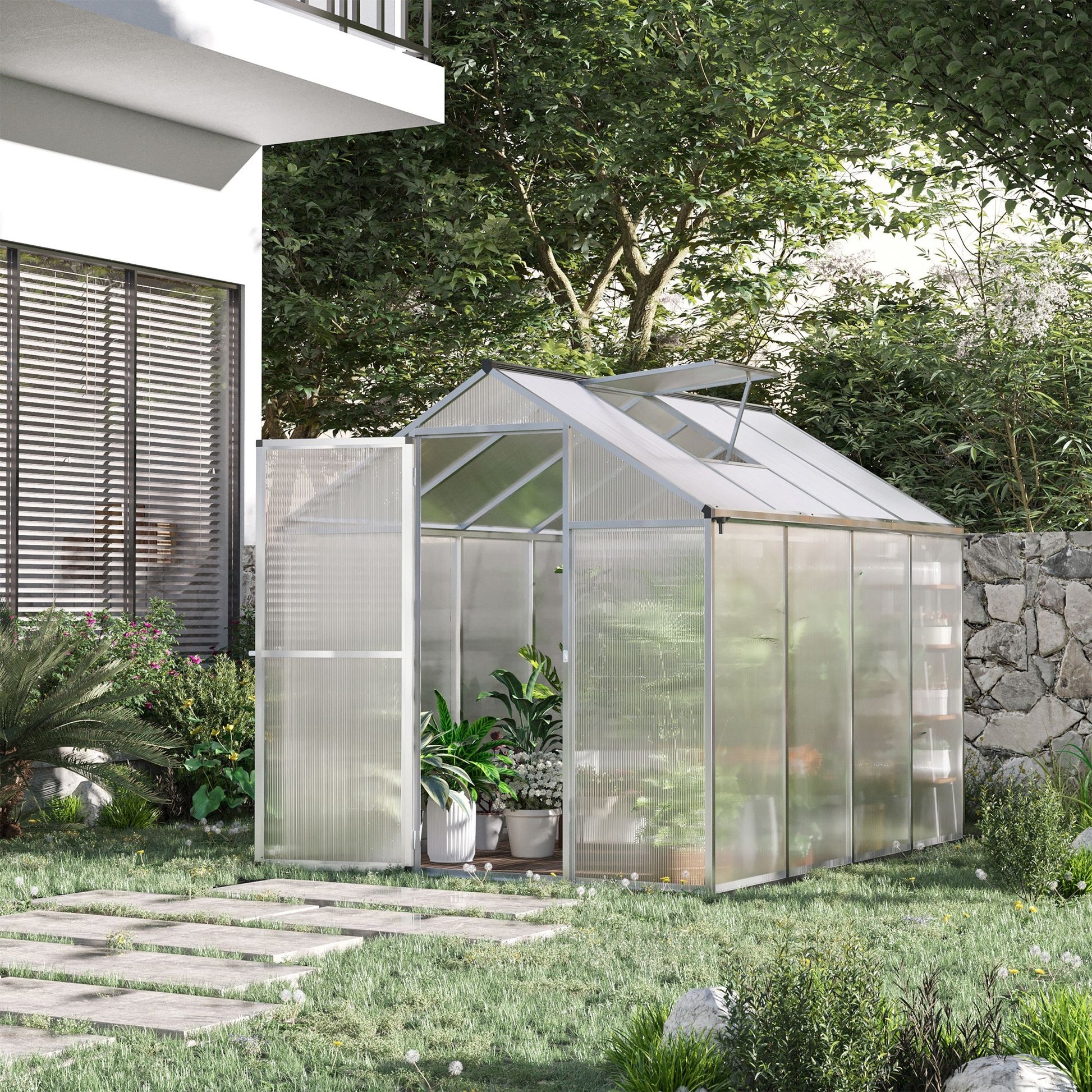 Aluminum Polycarbonate Garden Greenhouse 4.6 m² dim. 2.42L x 1.9W x 1.95H m Latch Door Window
