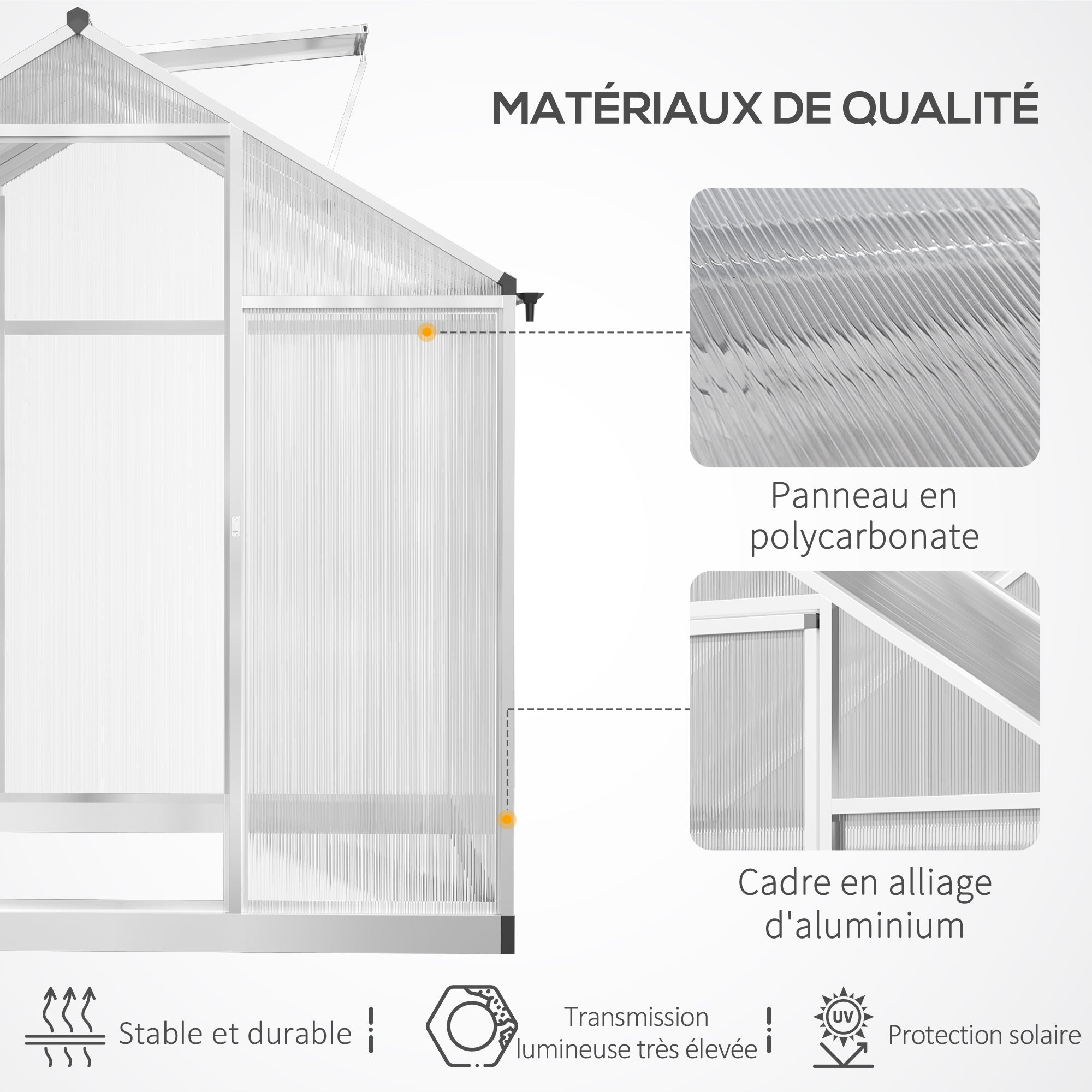 Aluminum Polycarbonate Garden Greenhouse 4.6 m² dim. 2.42L x 1.9W x 1.95H m Latch Door Window
