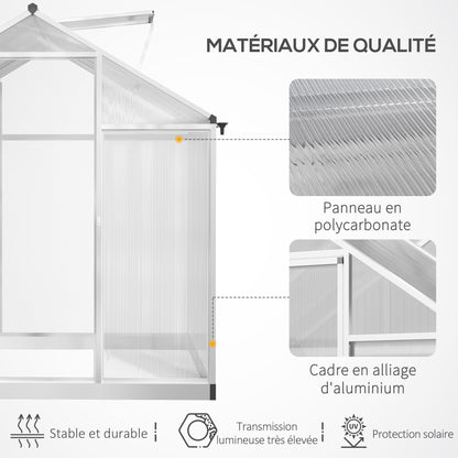 Aluminum Polycarbonate Garden Greenhouse 4.6 m² dim. 2.42L x 1.9W x 1.95H m Latch Door Window