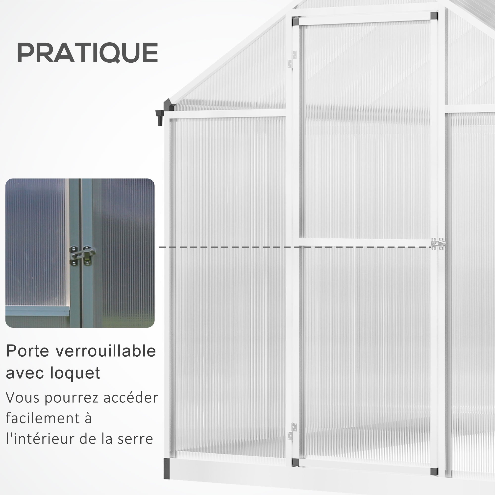 Aluminum Polycarbonate Garden Greenhouse 4.6 m² dim. 2.42L x 1.9W x 1.95H m Latch Door Window