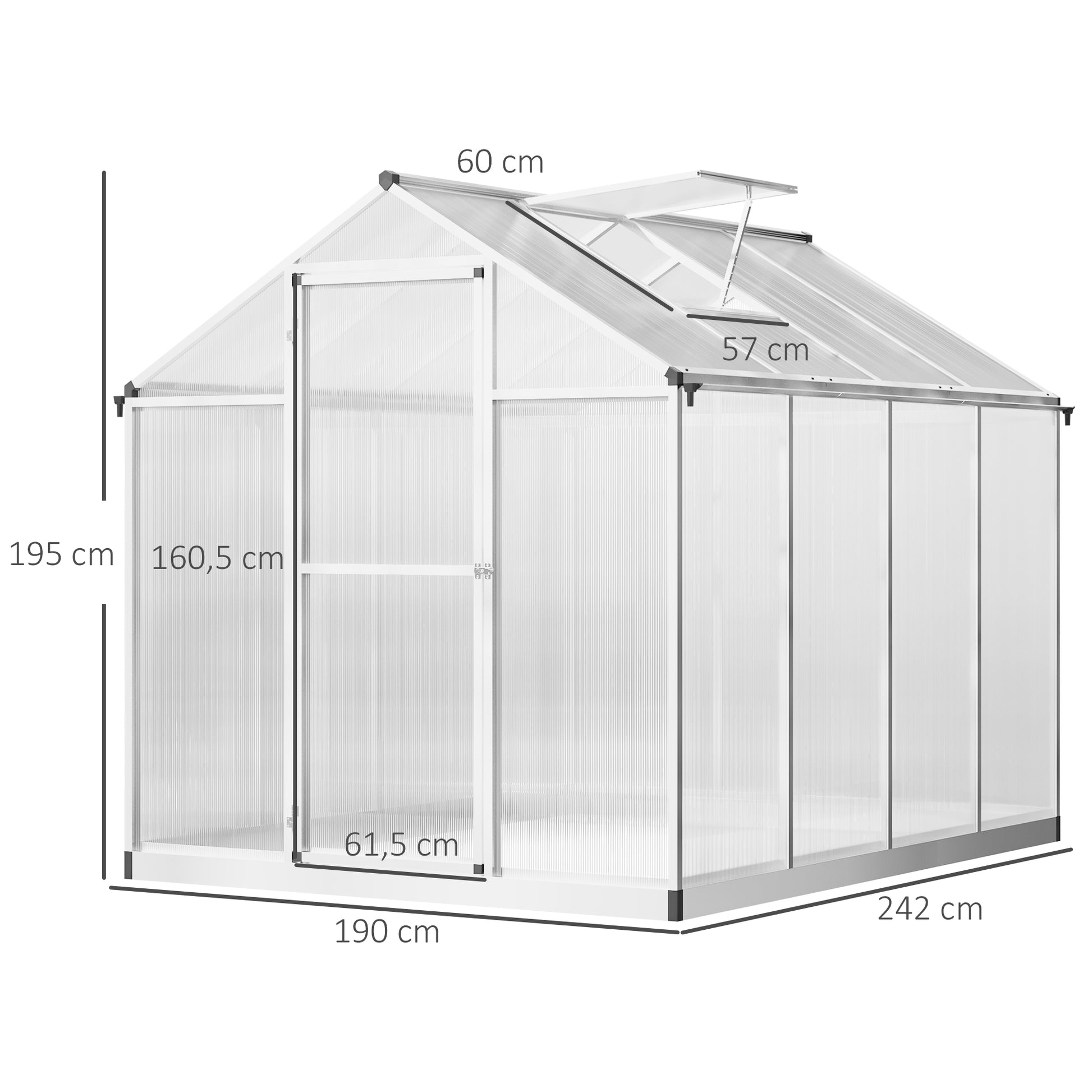 Aluminum Polycarbonate Garden Greenhouse 4.6 m² dim. 2.42L x 1.9W x 1.95H m Latch Door Window