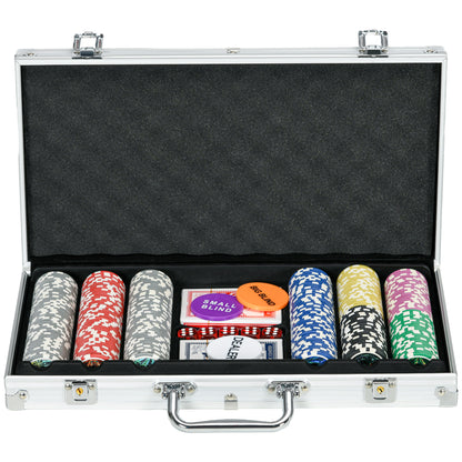 SPORTNOW Poker Set, 300 Poker Chips 11.5 Grams, Poker Set with Lock, 2 Decks of Cards, 5 Dice, 1 Dealer Button, 1 Small Blind, 1 Big Blind, Silver