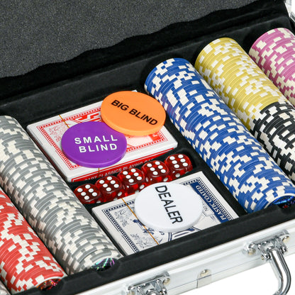 SPORTNOW Poker Set, 300 Poker Chips 11.5 Grams, Poker Set with Lock, 2 Decks of Cards, 5 Dice, 1 Dealer Button, 1 Small Blind, 1 Big Blind, Silver