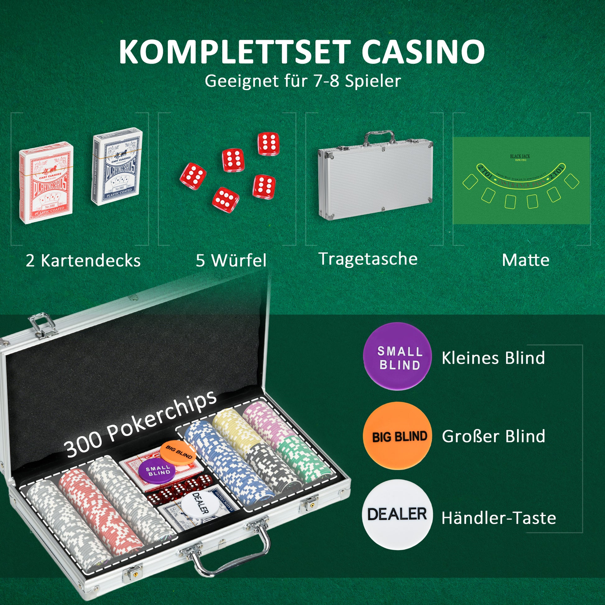SPORTNOW Poker Set, 300 Poker Chips 11.5 Grams, Poker Set with Lock, 2 Decks of Cards, 5 Dice, 1 Dealer Button, 1 Small Blind, 1 Big Blind, Silver