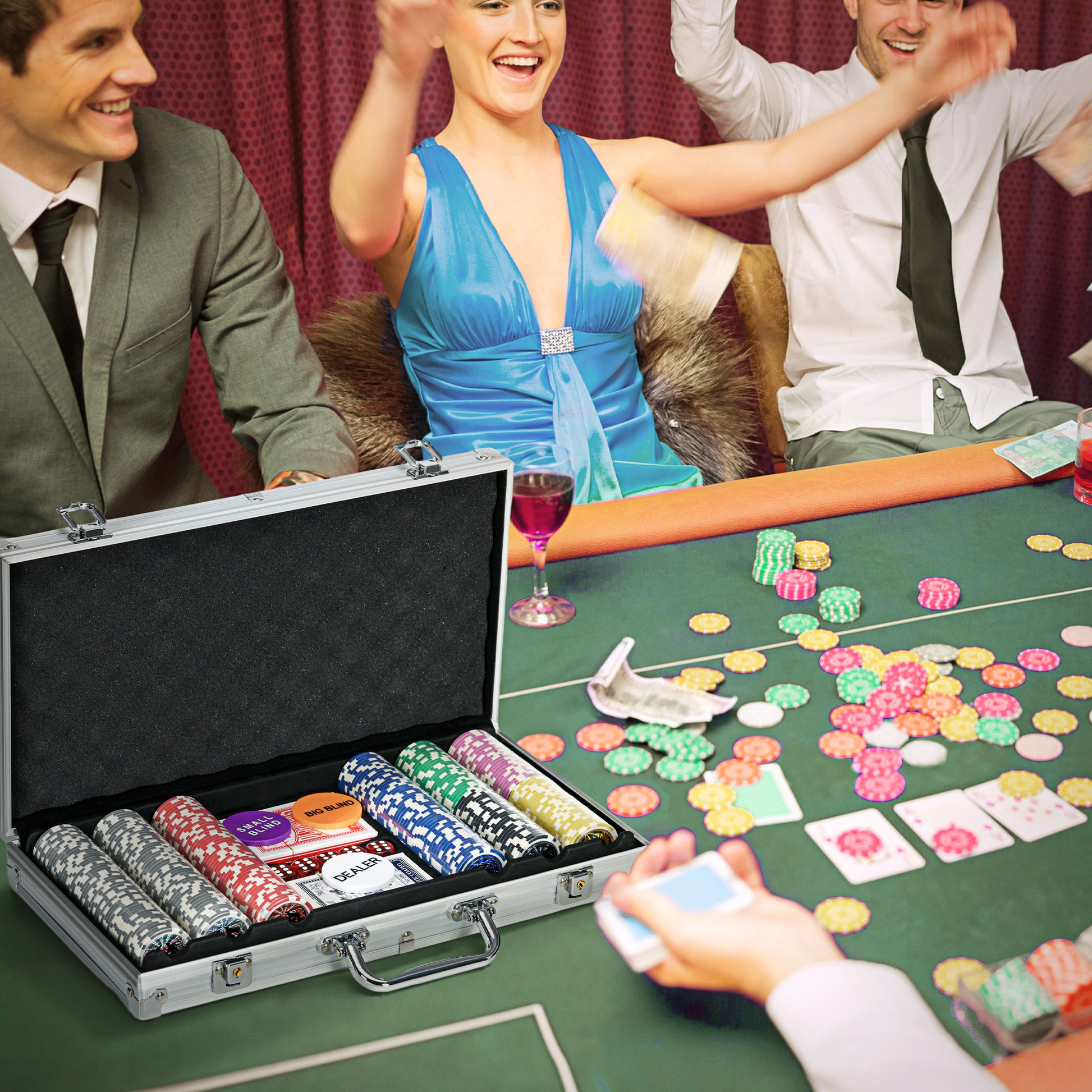SPORTNOW Poker Set, 300 Poker Chips 11.5 Grams, Poker Set with Lock, 2 Decks of Cards, 5 Dice, 1 Dealer Button, 1 Small Blind, 1 Big Blind, Silver