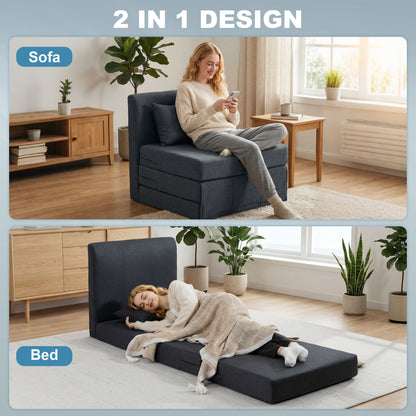 2-in-1 Folding Floor Sofa Bed — Linen-Look Padded Guest Chair Converts to Single Bed, Dark Gray (31.5 x 29.5 x 29.1 in)