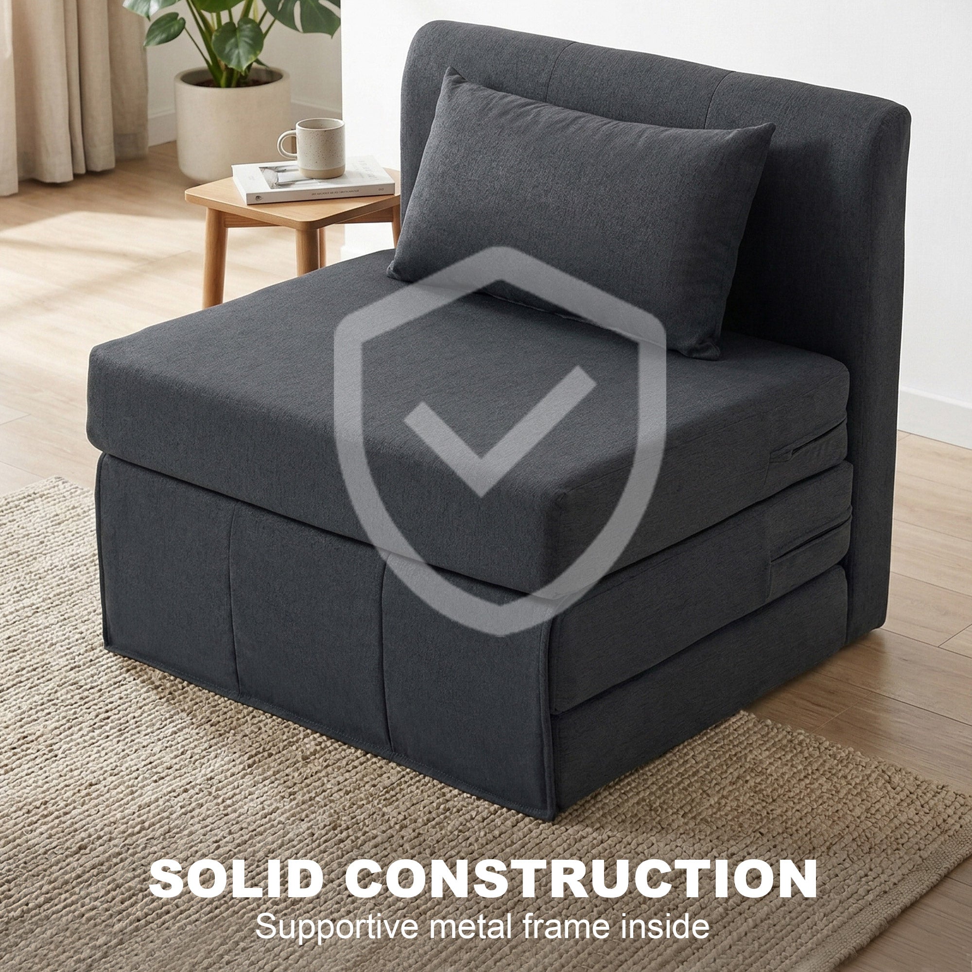 2-in-1 Folding Floor Sofa Bed — Linen-Look Padded Guest Chair Converts to Single Bed, Dark Gray (31.5 x 29.5 x 29.1 in)