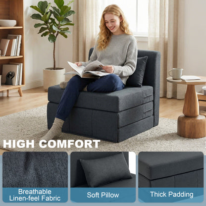 2-in-1 Folding Floor Sofa Bed — Linen-Look Padded Guest Chair Converts to Single Bed, Dark Gray (31.5 x 29.5 x 29.1 in)