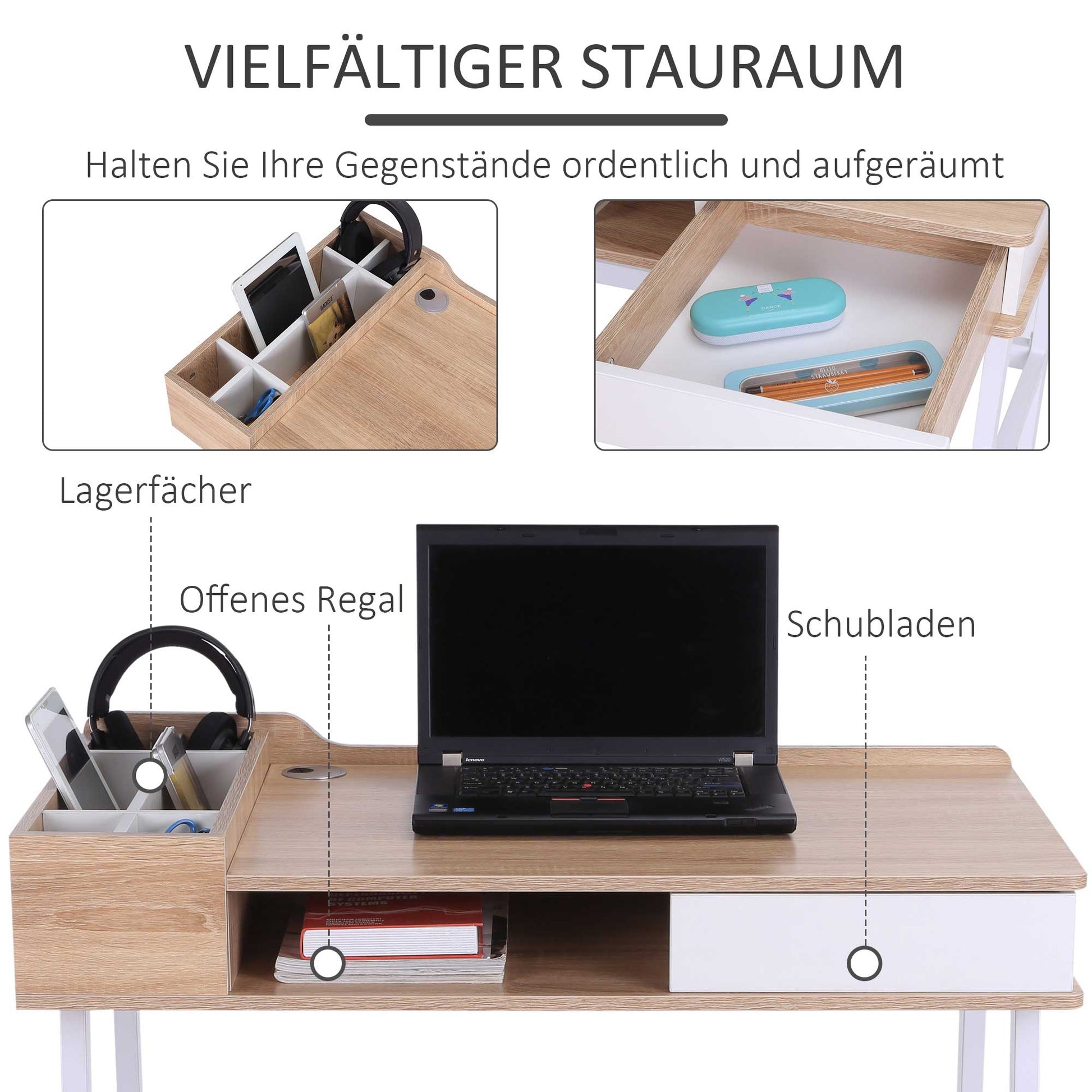 Desk Computer Desk Office Desk Work Desk PC Desk Versatile with six storage compartments Drawer Wide Tabletop for Study Office and Home Natural 100 x 55 x 81.5 cm