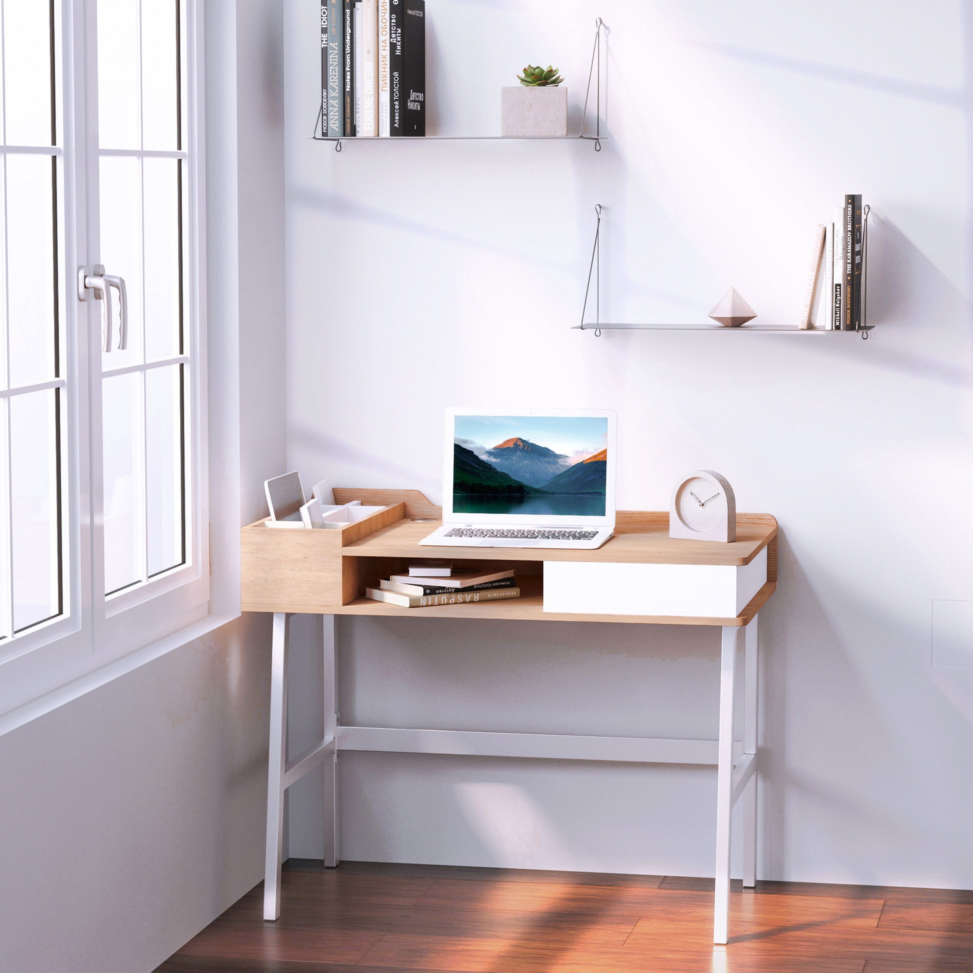 Desk Computer Desk Office Desk Work Desk PC Desk Versatile with six storage compartments Drawer Wide Tabletop for Study Office and Home Natural 100 x 55 x 81.5 cm