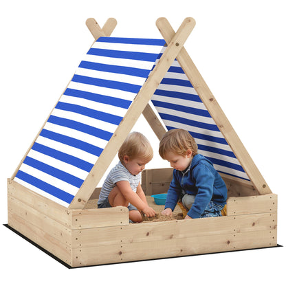 Sandbox with Cover 120 x 120 cm Made of Solid Wood Impregnated Children's Sandbox with Tent Roof Ground Fleece, Sandbox for Outdoor Terrace Balcony Garden