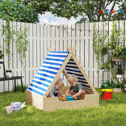 Sandbox with Cover 120 x 120 cm Made of Solid Wood Impregnated Children's Sandbox with Tent Roof Ground Fleece, Sandbox for Outdoor Terrace Balcony Garden