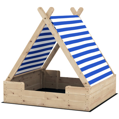 Sandbox with Cover 120 x 120 cm Made of Solid Wood Impregnated Children's Sandbox with Tent Roof Ground Fleece, Sandbox for Outdoor Terrace Balcony Garden