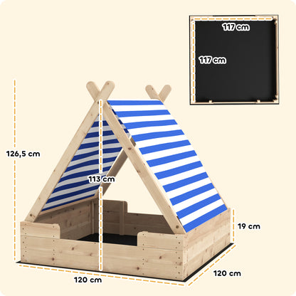 Sandbox with Cover 120 x 120 cm Made of Solid Wood Impregnated Children's Sandbox with Tent Roof Ground Fleece, Sandbox for Outdoor Terrace Balcony Garden