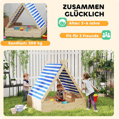 Sandbox with Cover 120 x 120 cm Made of Solid Wood Impregnated Children's Sandbox with Tent Roof Ground Fleece, Sandbox for Outdoor Terrace Balcony Garden
