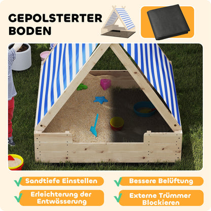 Sandbox with Cover 120 x 120 cm Made of Solid Wood Impregnated Children's Sandbox with Tent Roof Ground Fleece, Sandbox for Outdoor Terrace Balcony Garden