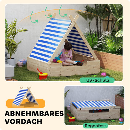 Sandbox with Cover 120 x 120 cm Made of Solid Wood Impregnated Children's Sandbox with Tent Roof Ground Fleece, Sandbox for Outdoor Terrace Balcony Garden