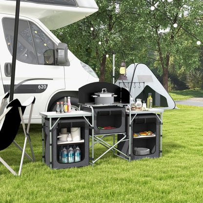 Folding Camping Kitchen, 3-Tier Camping Cabinet with 5 Internal Shelves, 4 Hooks and Carry Bag, made of Aluminum, MDF, and Oxford Fabric, UV50+, 172x48x119 cm, Black