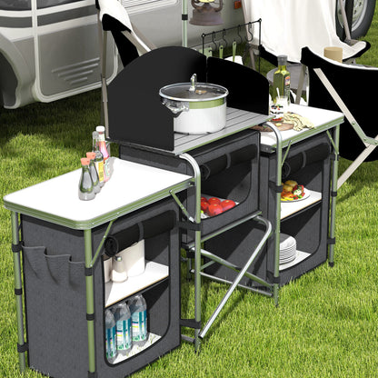 Folding Camping Kitchen, 3-Tier Camping Cabinet with 5 Internal Shelves, 4 Hooks and Carry Bag, made of Aluminum, MDF, and Oxford Fabric, UV50+, 172x48x119 cm, Black