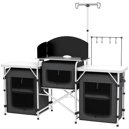 Folding Camping Kitchen, 3-Tier Camping Cabinet with 5 Internal Shelves, 4 Hooks and Carry Bag, made of Aluminum, MDF, and Oxford Fabric, UV50+, 172x48x119 cm, Black