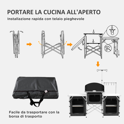 Folding Camping Kitchen, 3-Tier Camping Cabinet with 5 Internal Shelves, 4 Hooks and Carry Bag, made of Aluminum, MDF, and Oxford Fabric, UV50+, 172x48x119 cm, Black