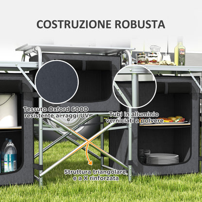 Folding Camping Kitchen, 3-Tier Camping Cabinet with 5 Internal Shelves, 4 Hooks and Carry Bag, made of Aluminum, MDF, and Oxford Fabric, UV50+, 172x48x119 cm, Black
