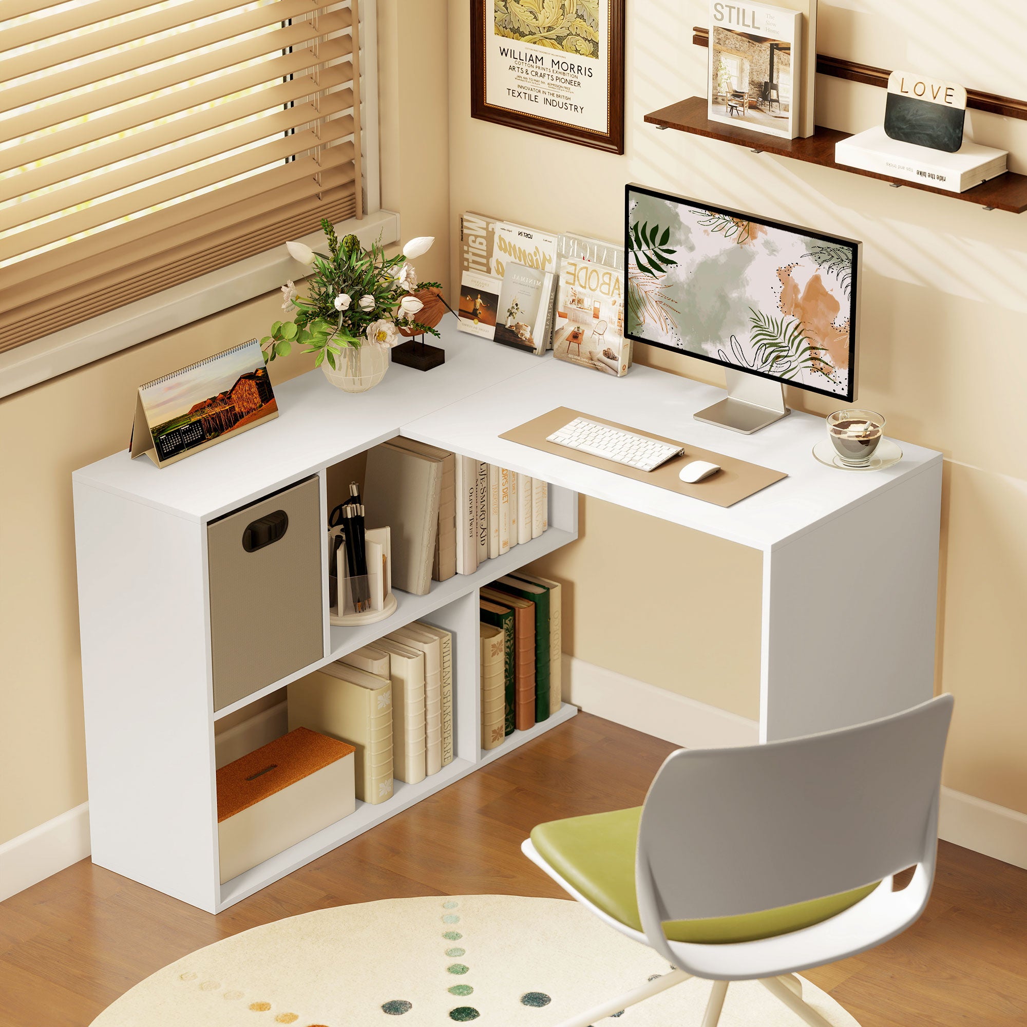 L-Shaped Corner Desk, 43.3 x 39.4 x 29.5 in — Computer Desk with Fabric Drawer & Open Shelves, White