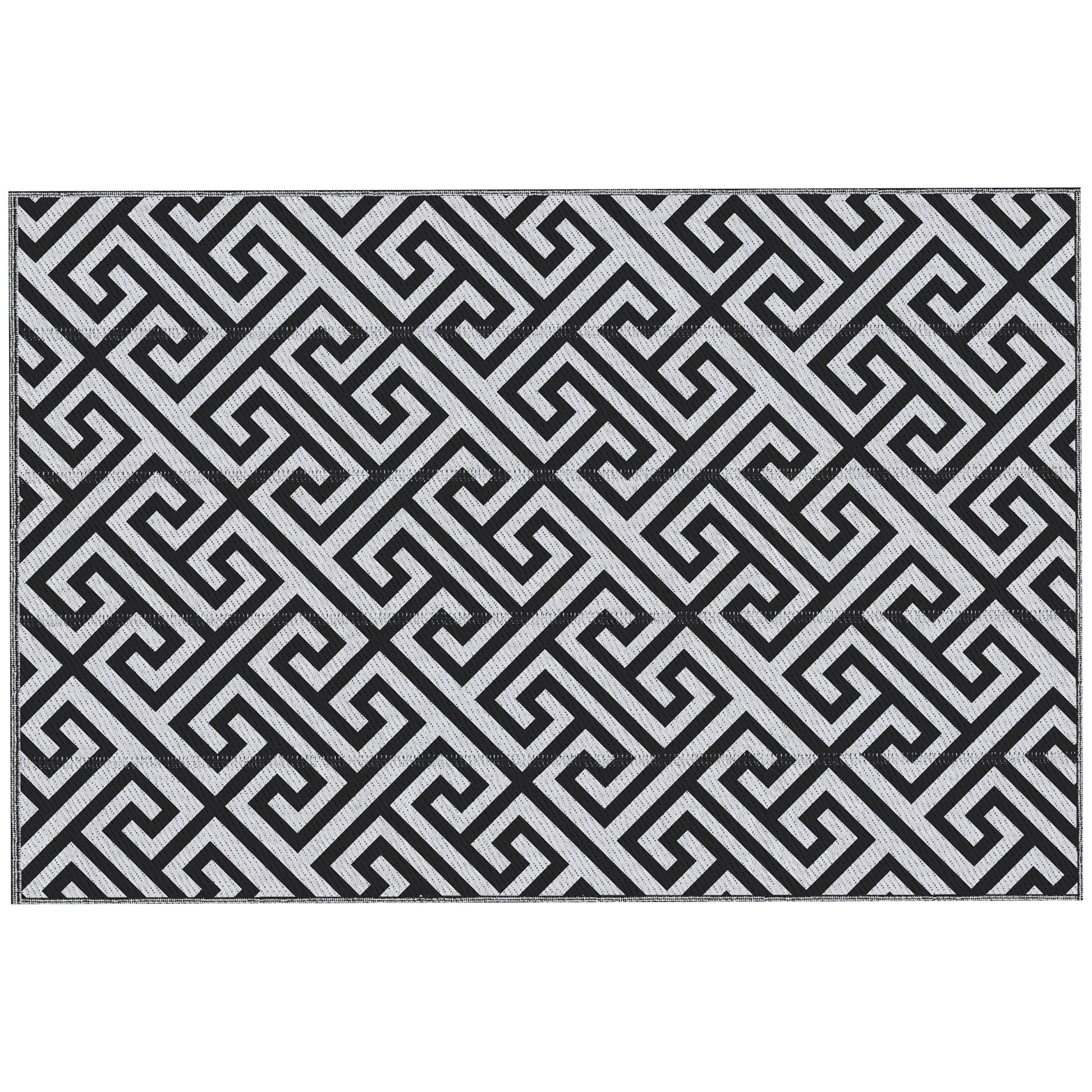 Outdoor Rug 182x274 cm Reversible Rug with Waterproof Geometric Pattern for Terrace Balcony Patio Camping Beach Black and White