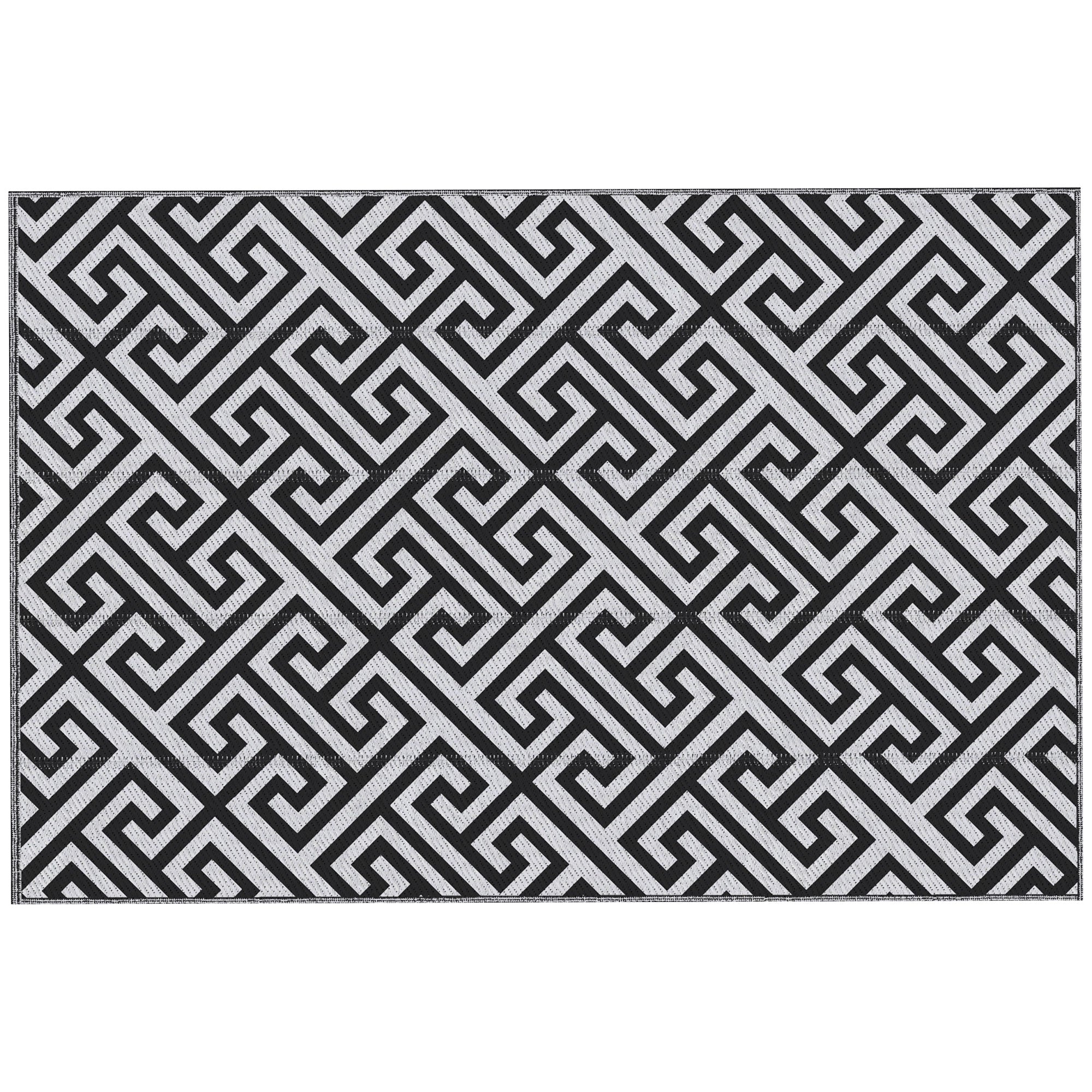 Outdoor Rug 182x274 cm Reversible Rug with Waterproof Geometric Pattern for Terrace Balcony Patio Camping Beach Black and White