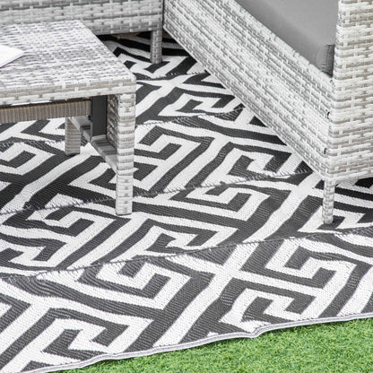 Outdoor Rug 182x274 cm Reversible Rug with Waterproof Geometric Pattern for Terrace Balcony Patio Camping Beach Black and White