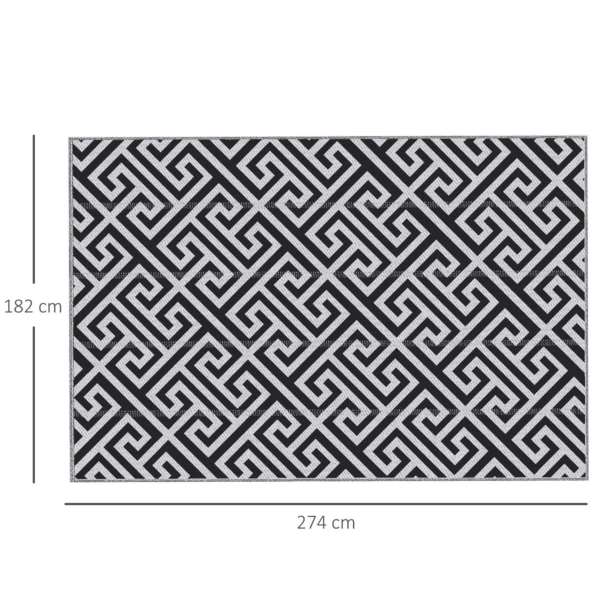 Outdoor Rug 182x274 cm Reversible Rug with Waterproof Geometric Pattern for Terrace Balcony Patio Camping Beach Black and White