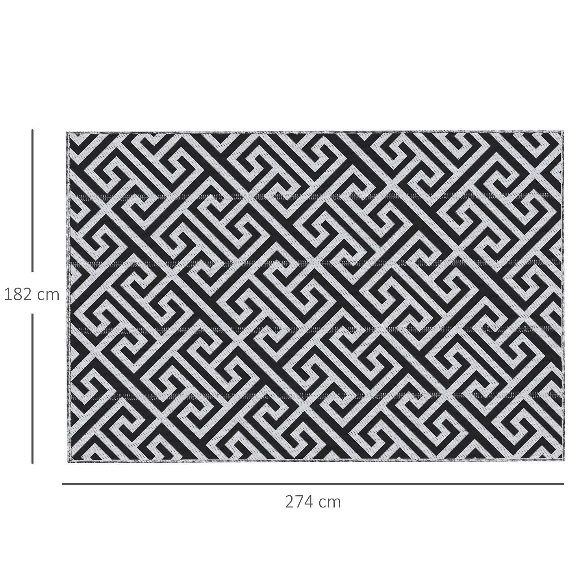 Outdoor Rug 182x274 cm Reversible Rug with Waterproof Geometric Pattern for Terrace Balcony Patio Camping Beach Black and White