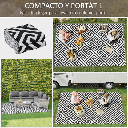 Outdoor Rug 182x274 cm Reversible Rug with Waterproof Geometric Pattern for Terrace Balcony Patio Camping Beach Black and White