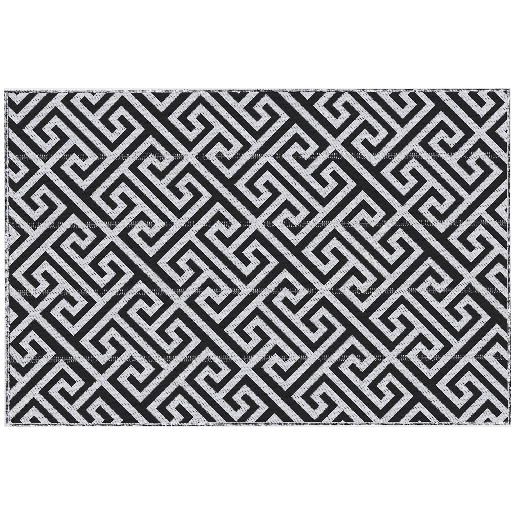 Outdoor Rug 182x274 cm Reversible Rug with Waterproof Geometric Pattern for Terrace Balcony Patio Camping Beach Black and White