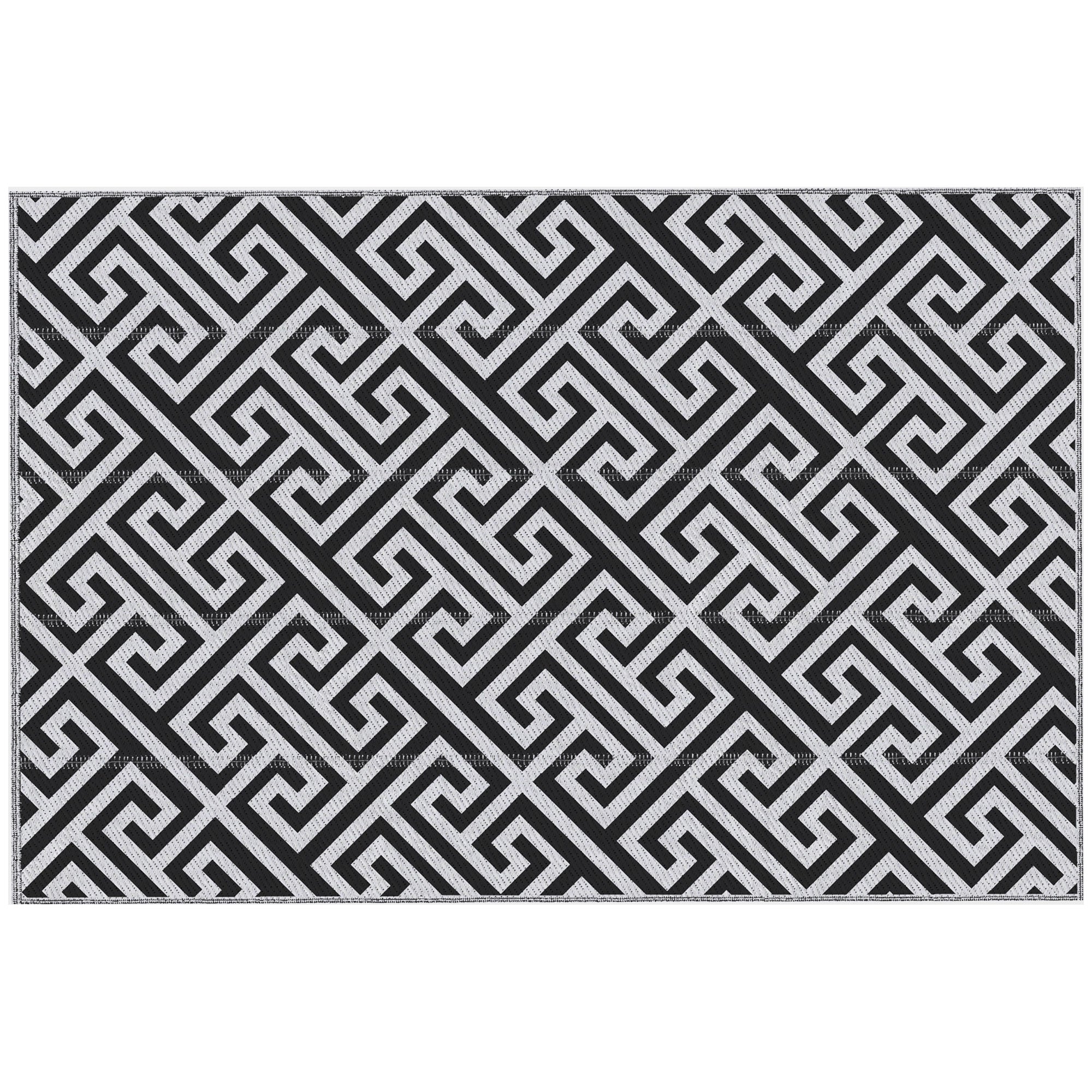 Outdoor Rug 182x274 cm Reversible Rug with Waterproof Geometric Pattern for Terrace Balcony Patio Camping Beach Black and White