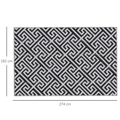 Outdoor Rug 182x274 cm Reversible Rug with Waterproof Geometric Pattern for Terrace Balcony Patio Camping Beach Black and White
