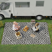 Outdoor Rug 182x274 cm Reversible Rug with Waterproof Geometric Pattern for Terrace Balcony Patio Camping Beach Black and White